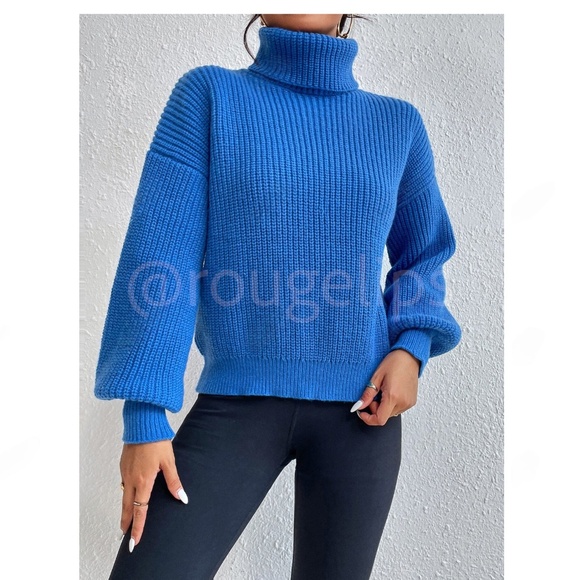 Blue Turtleneck Knit Pullover Sweater Long Sleeve - Picture 6 of 16
